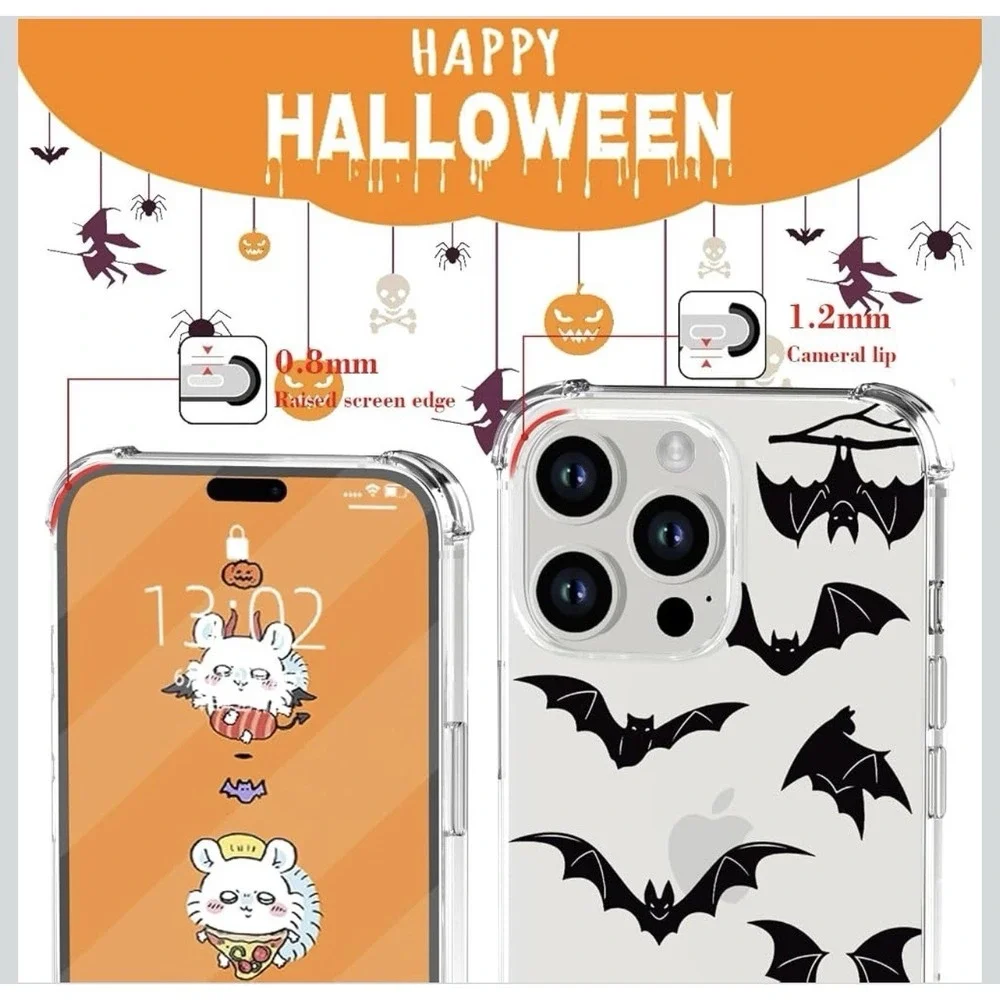 D0048-Halloween Bat Clear Phone Case Shockproof Bumper for iPhone 14 15 Pro Max